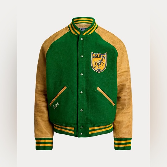 Polo Ralph Lauren Vintage-Inspired Letterman Jacket Fiji Green Men’s Size Large - Picture 2 of 16